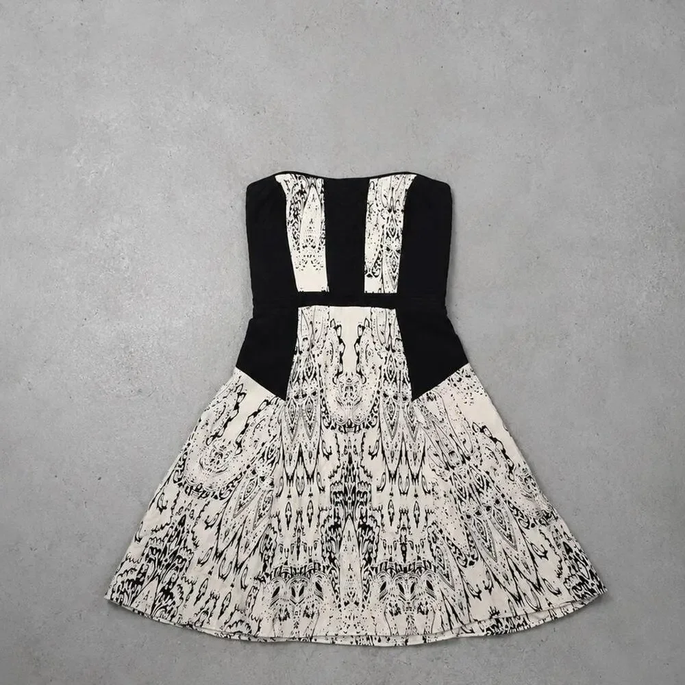 Parker 100% Silk Strapless Fit & Flare Dress Black Ivory Sz S